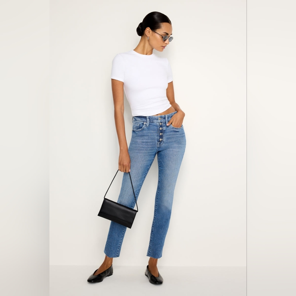 Good American High Rise Button-Fly Slim Straight Jeans in Light Blue